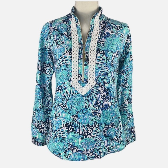 Lilly Pulitzer Tops - Lilly Pulitzer Women's Blue Janie Pop Over Quarter Zip Sweatshirt Size S UPF 50